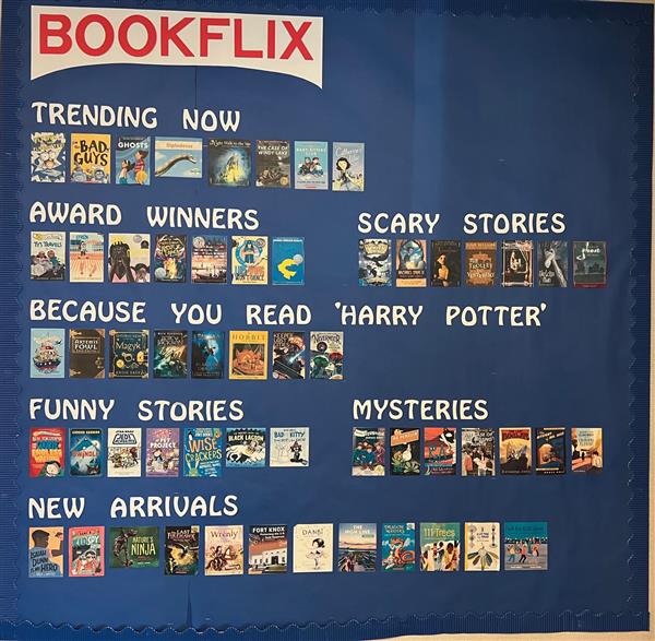 Library wall display of book recommendations